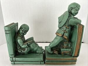 VTG Universal Statuary 1964 Asian Children Reading, Book Ends Original Paint